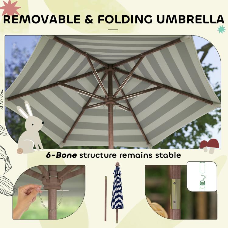 Removable folding parasol umbrella with navy striped canopy and 6-bone frame