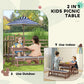 Kids picnic table set with navy striped parasol umbrella and benches