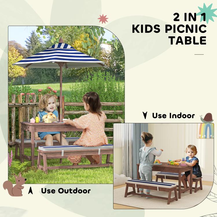 Kids picnic table set with navy striped parasol umbrella and benches