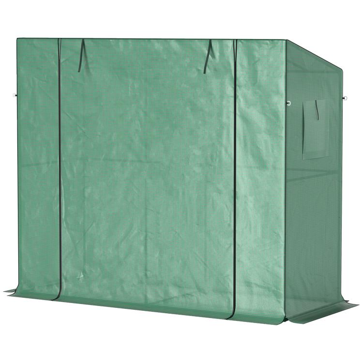 Green walk-in portable greenhouse with zip door panels closed and steel frame