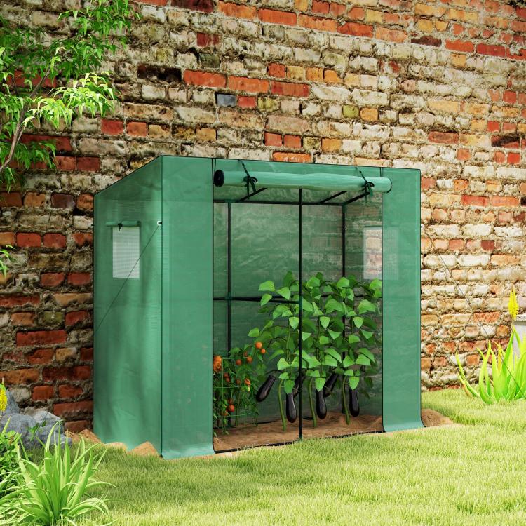 Green portable greenhouse with front door open showing potted plants inside
