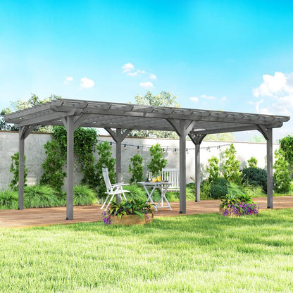 Gray outdoor pergola with slatted roof and grape trellis-style frame