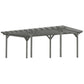Gray pergola top frame with evenly spaced beams and open slatted roof