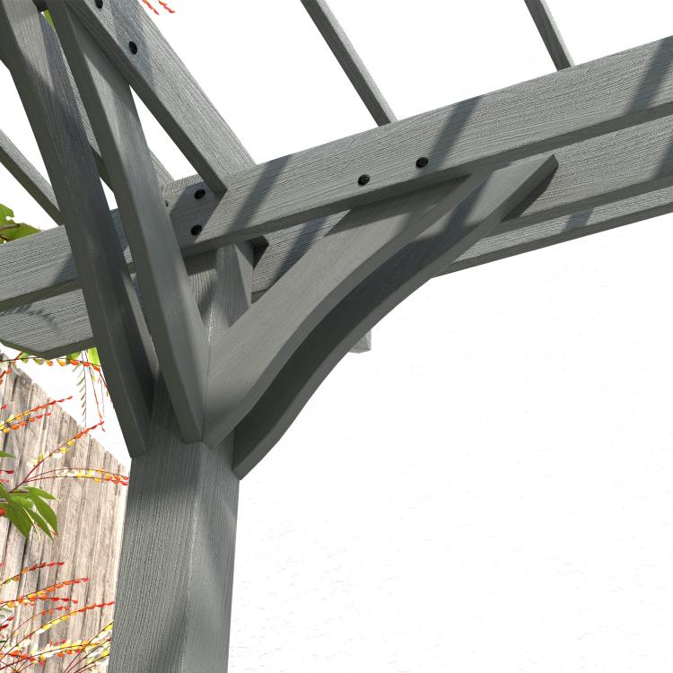 Gray outdoor wooden pergola corner post with cross beams and slatted top