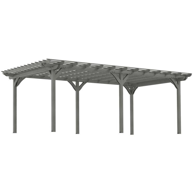 Gray outdoor pergola with open rafters and six support posts