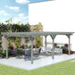 Gray pergola with slatted canopy above outdoor seating area