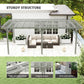 Gray pergola canopy with dense slatted roof and sturdy vertical support posts