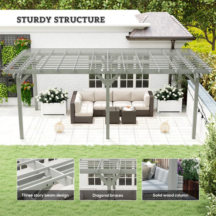 Gray pergola canopy with dense slatted roof and sturdy vertical support posts