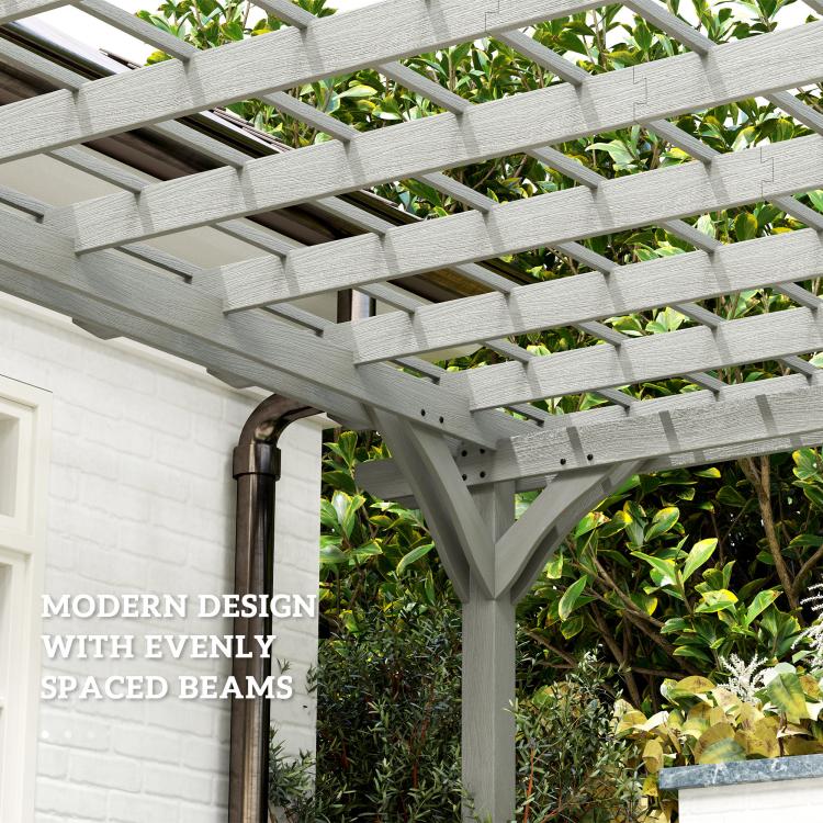 Gray pergola corner with cross-braced beams and slatted roof above plants