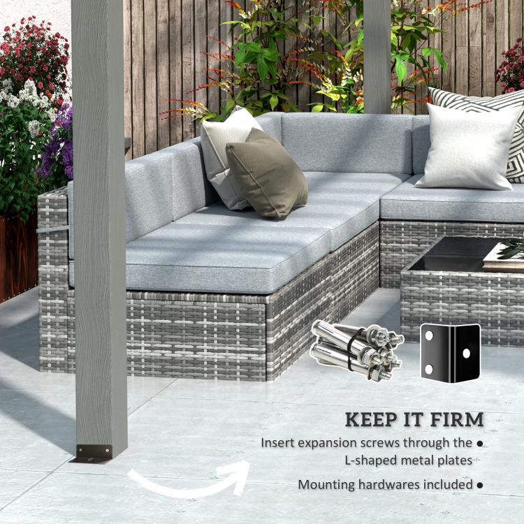Gray pergola post base with metal mounting brackets and L-shaped plates
