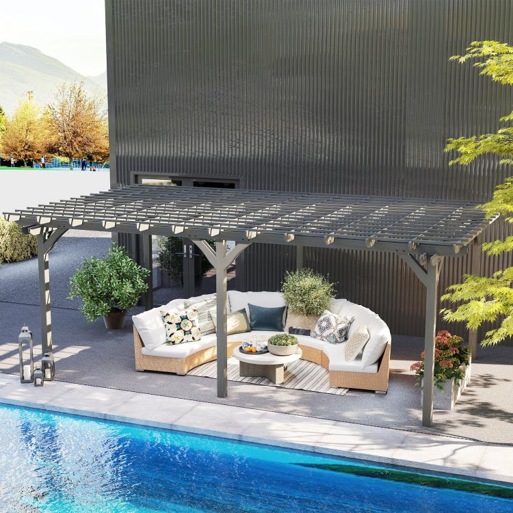 Gray outdoor pergola beside pool with seating setup under slatted roof