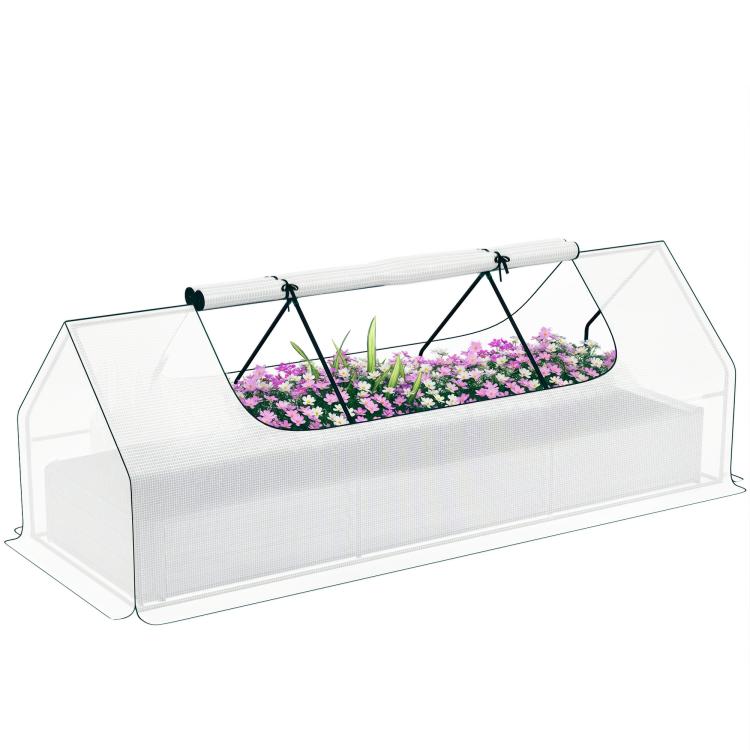 White raised metal planter bed with mini greenhouse cover and black support frame