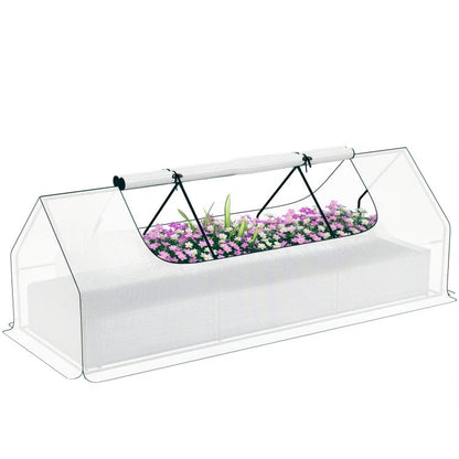 White raised metal planter bed with mini greenhouse cover and black support frame
