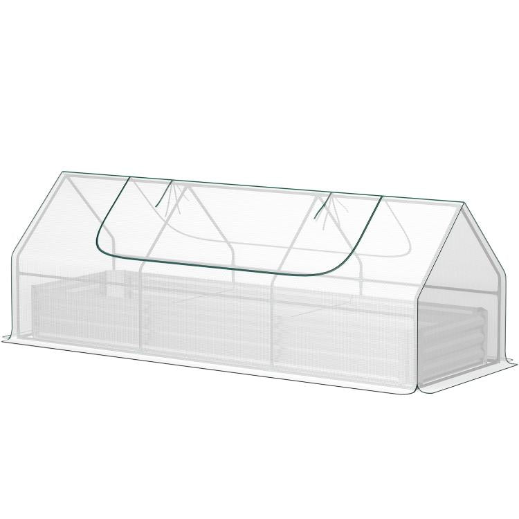 White raised metal planter bed with clear mini greenhouse cover, side view