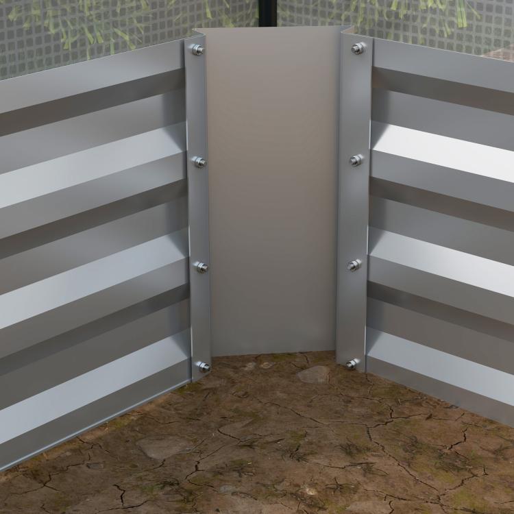 Raised metal planter box, white panels with silver posts and bolts, open end view