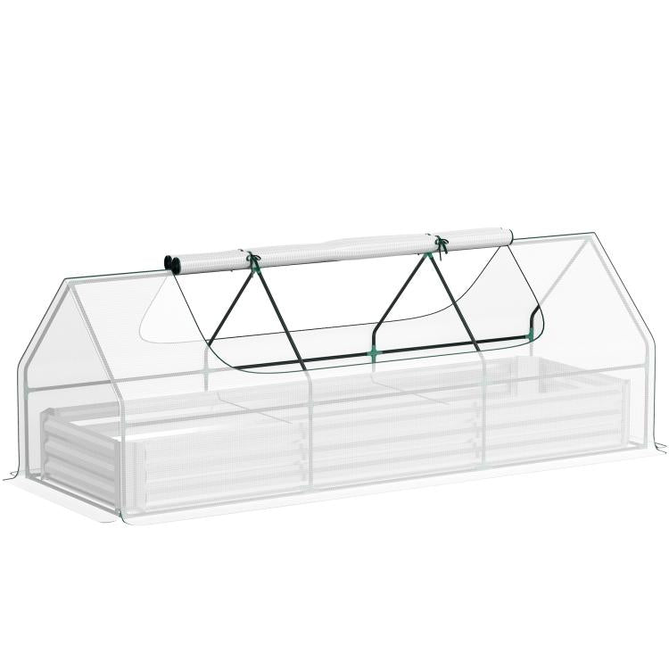 Mini greenhouse cover over white metal planter box with clear lid and arched frame