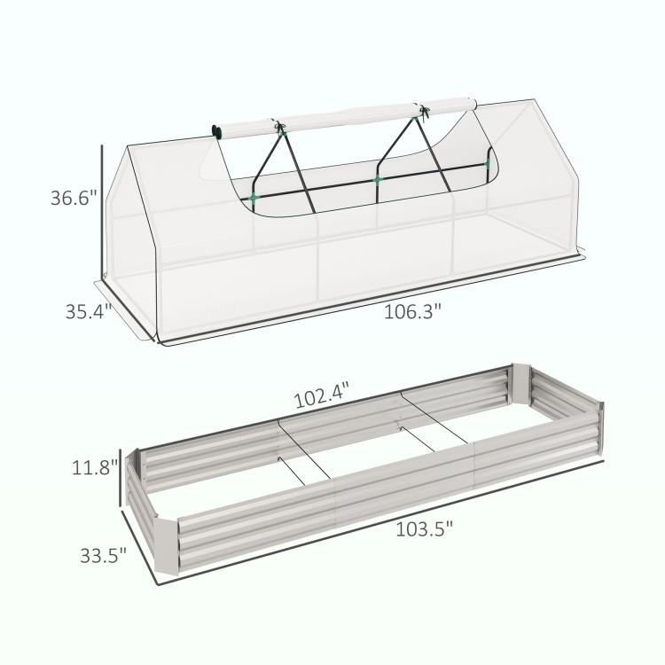 White mini greenhouse planter box with cover showing dimensions on diagram
