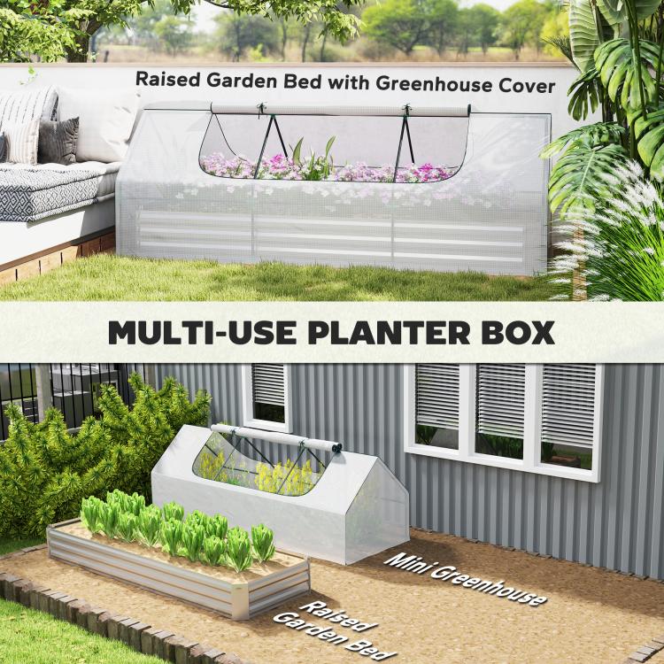White raised garden bed with clear greenhouse cover for plants, outdoor use