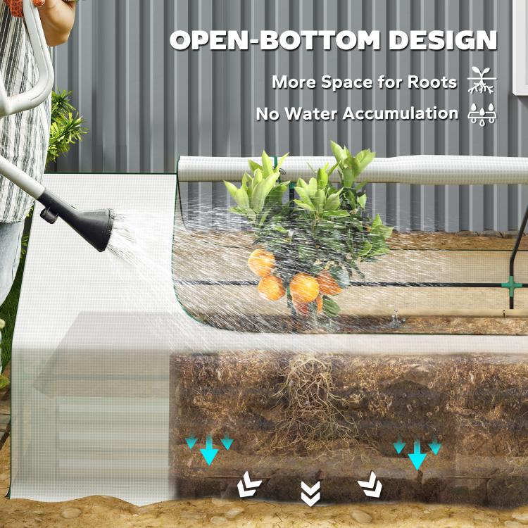 White raised planter with clear greenhouse cover, open-bottom design cross-section
