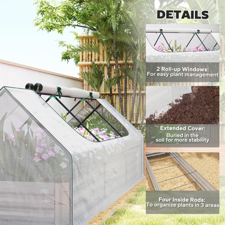 Mini greenhouse planter bed with roll-up window panels and mesh cover