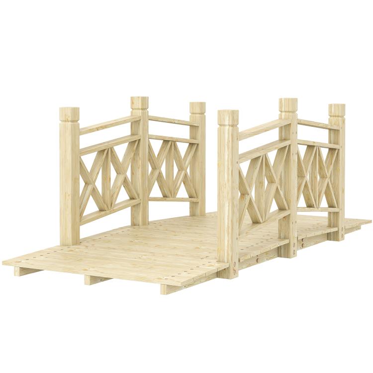 Wooden garden bridge footbridge showing raised deck and crossed lattice railing
