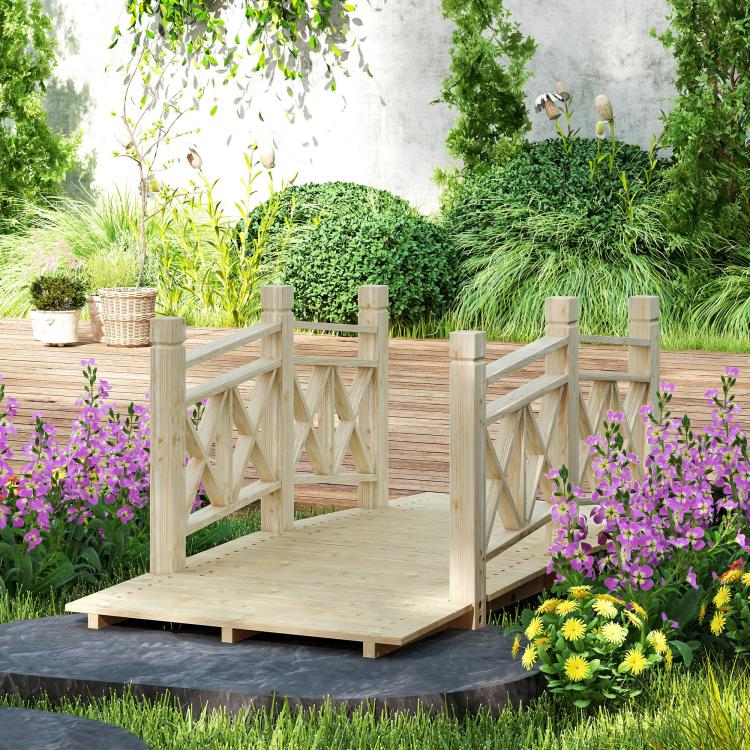 Wooden garden bridge footbridge with handrails and diamond lattice side panels