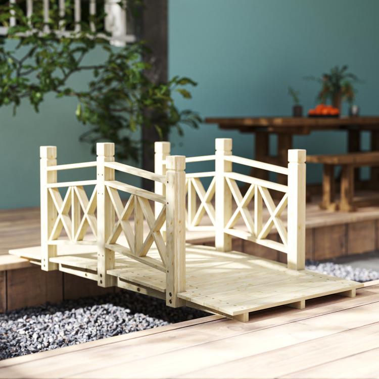 Wooden garden bridge footbridge with twin handrails and open diamond pattern panels