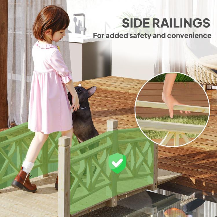 Wooden garden bridge footbridge with sturdy side railings for added safety
