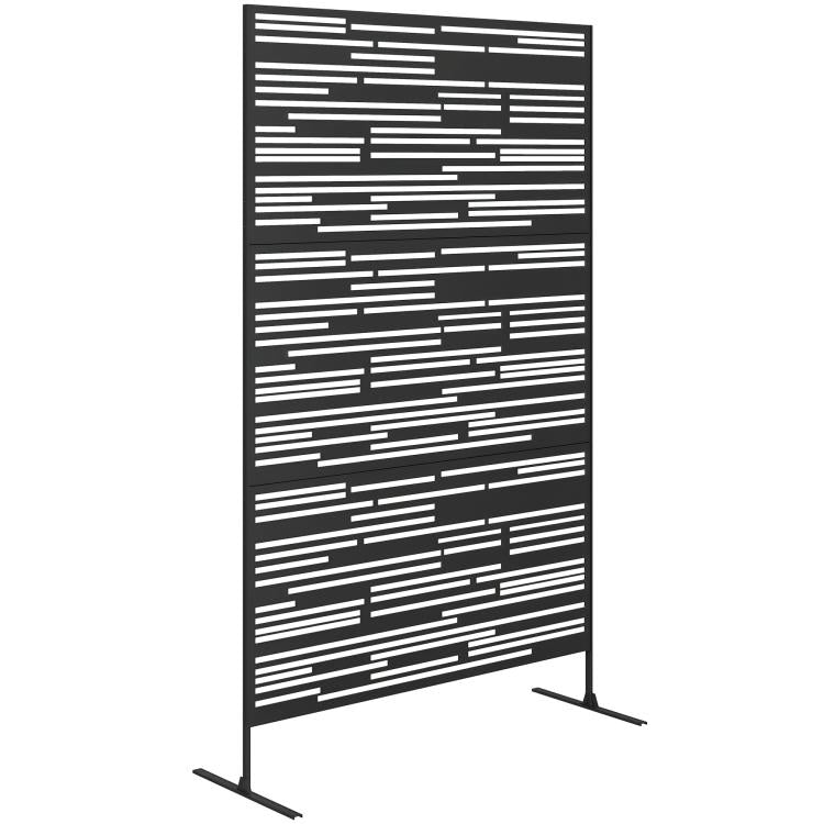 Black metal freestanding privacy screen with geometric horizontal slat pattern