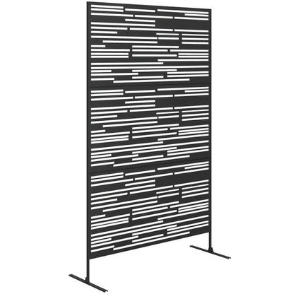 Black metal freestanding privacy screen with geometric horizontal slat pattern