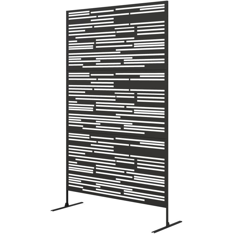 Black metal privacy screen on two stand legs with geometric horizontal slat pattern