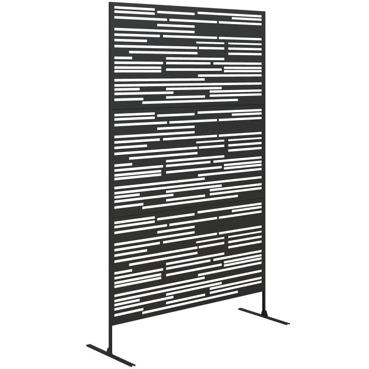 Black metal freestanding privacy fence panel with horizontal stripe openings