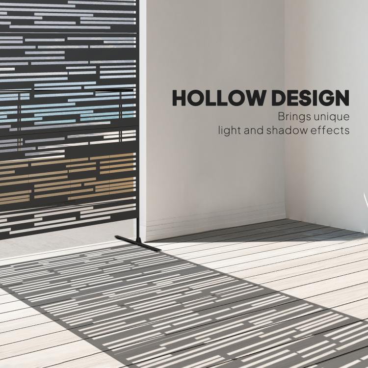 Black metal privacy screen panel with geometric cutout lines