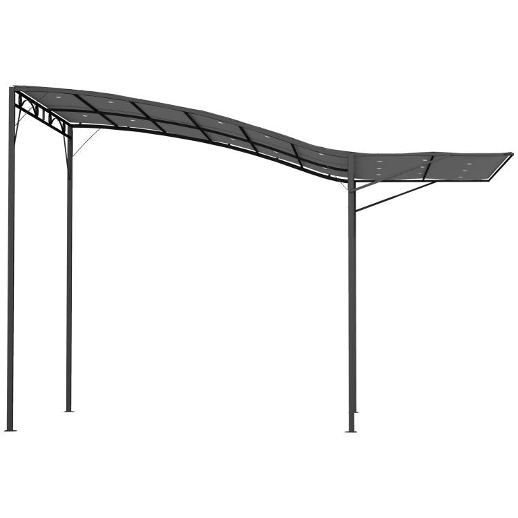 Dark gray metal outdoor gazebo with retractable canopy, open sides, square frame