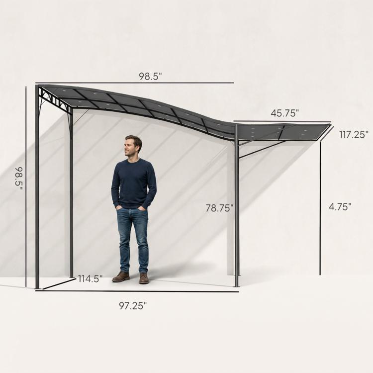 Outdoor gazebo frame with retractable canopy, shown with measurements and person
