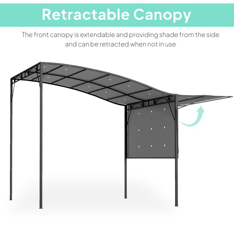 Retractable canopy outdoor gazebo with dark gray metal frame and privacy panel