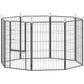 Black 8-panel metal dog playpen with arched top, front view of enclosure