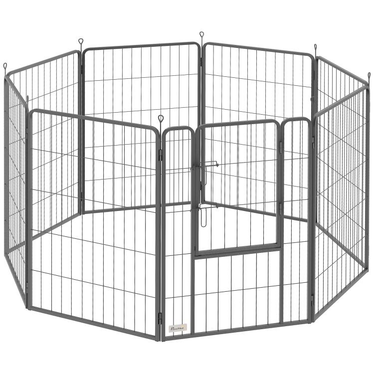Black 8-panel metal dog playpen with folding door and wire fence panels