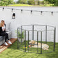 Black metal dog playpen with 8 panels, arched top, dog resting inside