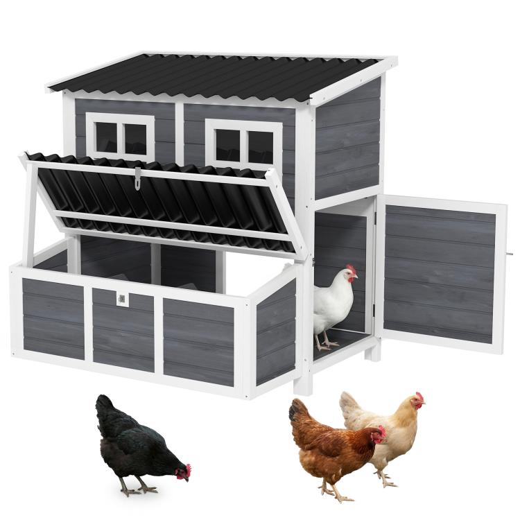 Wooden chicken coop with nesting box, open doors and pull-out tray