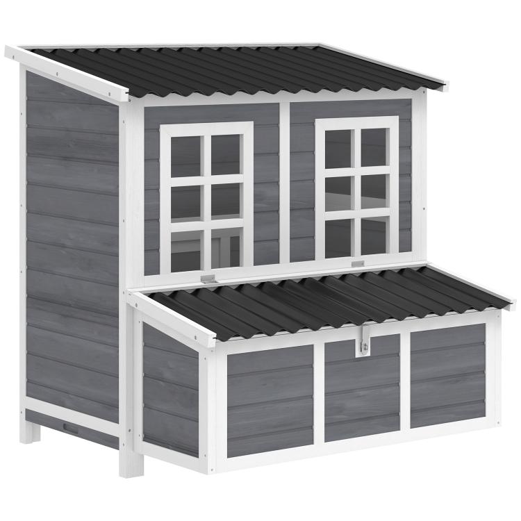 Wooden chicken coop with nesting box, front windows and dark shingle roof