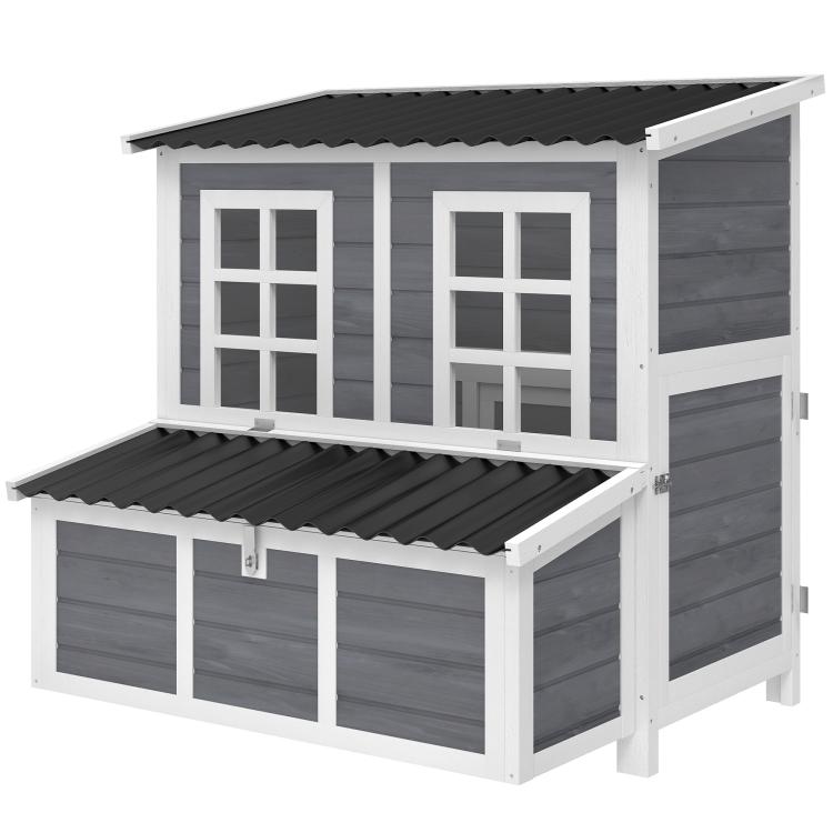 Wooden chicken coop with nesting box, two-level design, corrugated waterproof roof