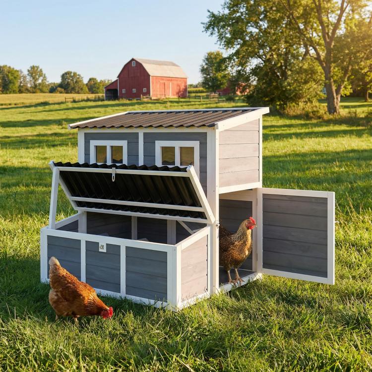 Wooden chicken coop with side door open, nesting box windows, dark roof