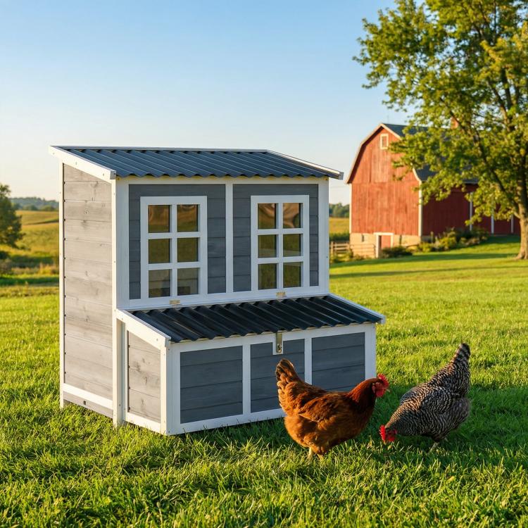 Wooden chicken coop with two front windows, nesting area, dark roof