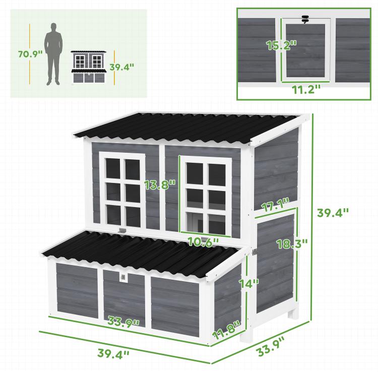 Wooden chicken coop diagram with nesting box, roof, and door dimensions
