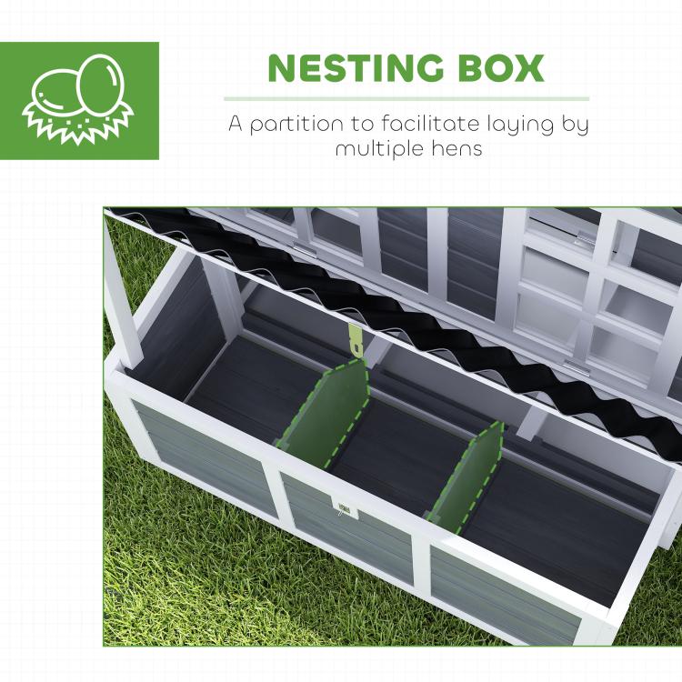 Nesting box section of wooden chicken coop with inner tray
