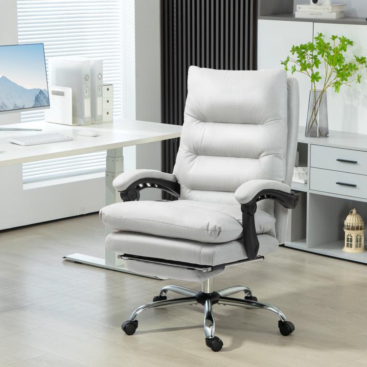 Light gray massage office chair with tall back, armrests, and metal swivel legs