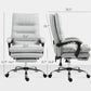 Light gray heated reclining chair shown with size measurements and footrest