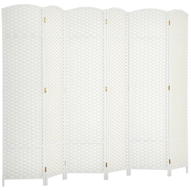 White 6-panel folding room divider screen with gold-toned hinges and feet