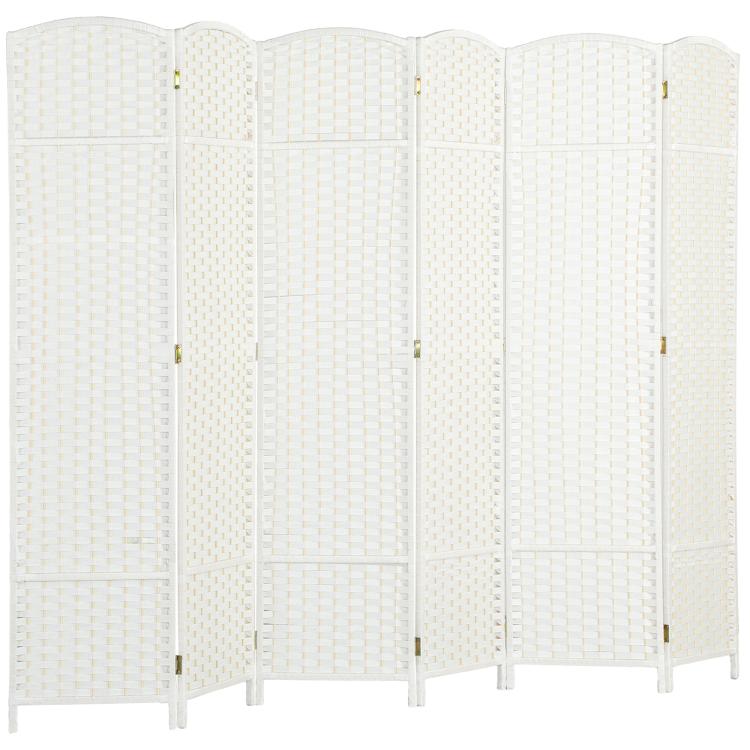 White six-panel folding room divider screen with textured panels and brass hinges